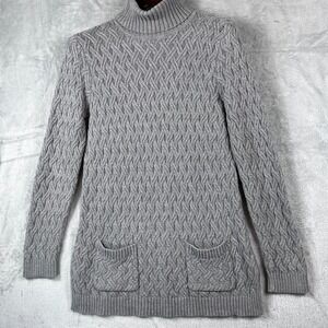 Jeanne Pierre Womens L Gray Long Cable Knit Turtleneck Sweater w/ Pockets EUC
